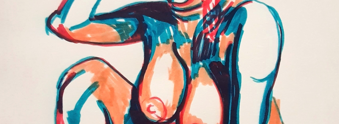 Drawing of a seated female nude in blue, peach and pink.